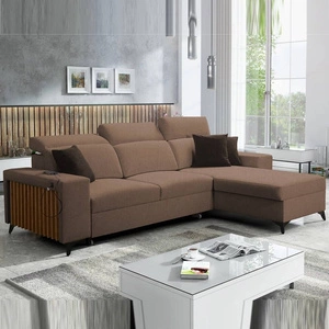 Ecksofa mit Schlaffunktion Kelly hellbraun rechtsseitig geflochten Komfort und Funktionalität Eckseite mit Latten abgeschlossen