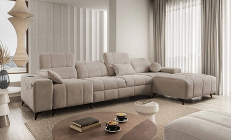 Ecksofa mit Schlaffunktion Penejos XII dunkelbeige rechtes Ecksofa mit Bettzeugcontainern komfortable verstellbare Kopfstützen