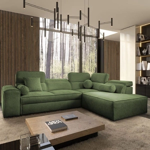 Ecksofa mit Schlaffunktion Viano VII grün rechts trendiges und stilvolles Ecksofa mit verstellbaren Kopfstützen Zierkissen