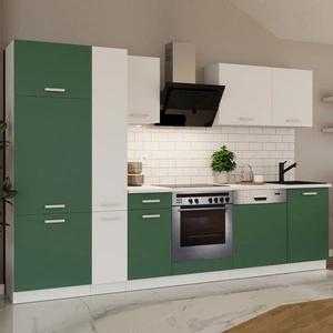 Küchenmöbelset mit Arbeitsplatte Toni 300 cm weiß / pastellgrüne Möbel sehen toll aus in modernen Interieurs