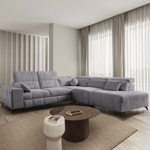 Ecksofa mit Schlaffunktion Penejos IX hellgrau rechte Seite stilvolles Ecksofa mit Bettzeugcontainern komfortable verstellbare Kopfstützen