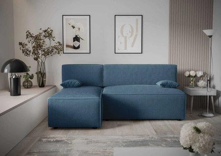 Ecksofa mit Schlaffunktion Brandon blau links dreidimensionaler Stoff mit ausdrucksstarken Streifen Bettzeug Container