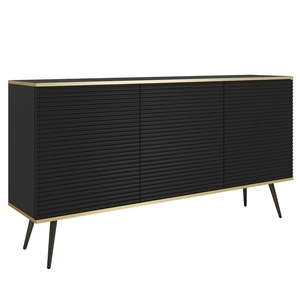 Kommode 160 cm Luxury schwarz elegantes Design stilvolle geriffelte Fronten Kommode Körper mit Gold trim schwarze Metallbeine gekrönt