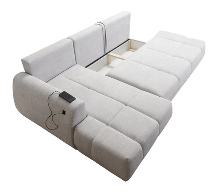 Ecksofa mit Schlaffunktion Zartblaues linksseitiges Ecksofa in stilvollem Design, das sich durch seine abgerundete Form auszeichnet