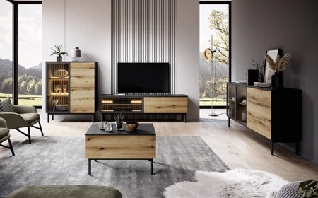 RTV Schrank Clovis 150 cm schwarz / Eiche evozieren elegante Form von Möbeln in einem modernen Stil sicher gehärtetem Glas Push zu öffnen