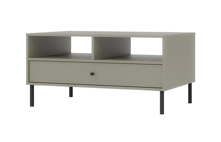 Kioto II Eukalyptus Couchtisch mit Schublade elegantes Design mit Metallbeinen in schwarz subtilen Griff verstärkt