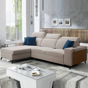 Ecksofa mit Schlaffunktion Kelly hellbeige linke Seite aus Samt Komfort und Funktionalität Seite des Ecksofas mit Lamellen beendet