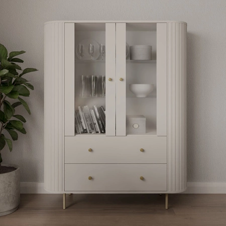 Vitrine Ovalio 123 cm beige Designe rvitrine für das Wohnzimmer in ovaler Form mit dekorativer Fräsung geräumige Schubladen