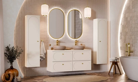 Badmöbel-Set Donna Sand beige elegante Badezimmerschränke mit dekorativen abgerundeten Fräsungen an den Fronten Goldgriffe