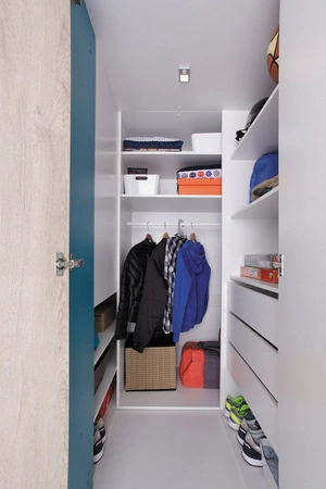 Eck-Kleiderschrank Niko weiß / Eiche / marine ideal als Nutz- und geräumiger Kleiderschrank mit Schubladen und Einlegeböden