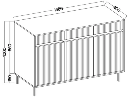 Schubladenkommode Osaka 149 cm Eiche evoke / schwarz minimalistisches Design perfekt für Wohn- und Schlafzimmer geschmackvolle geriffelte Front