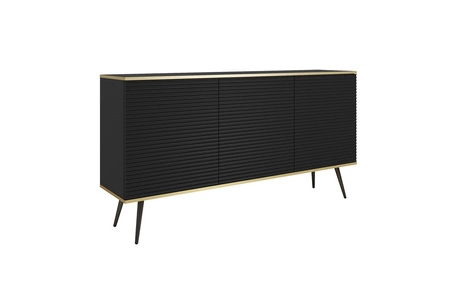 Kommode 160 cm Luxury schwarz elegantes Design stilvolle geriffelte Fronten Kommode Körper mit Gold trim schwarze Metallbeine gekrönt