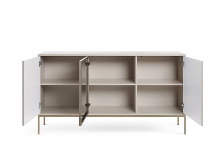 Kommode Amma 154 cm beige unkonventionelles Design verglaste Kommodenfront für Wohnzimmer mit Push-to-Open-System Zierleisten