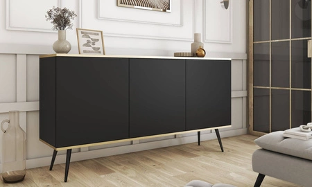 Kommode Luxury 160 cm schwarz elegantes Design Korpus mit goldenen trim Kommode auf hohen Metallbeinen unterstützt