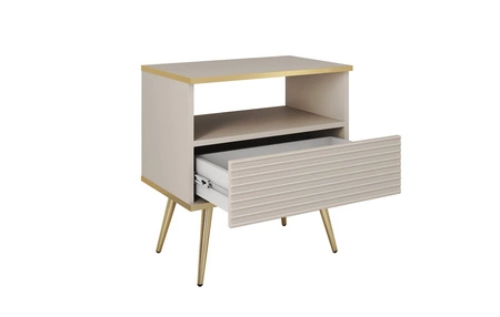 Nachttisch mit Schublade Luxury beige eleganter Designschrank mit goldener Zierleiste Schrank mit geriffelter Front goldene hohe Beine