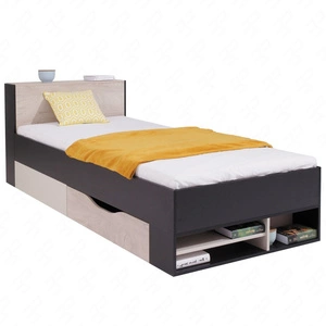 Bett mit Schublade Niko 90x200 cm schwarz / Eiche / beige modernes Bettdesign Ausziehbare Ablagen im Kopfteil