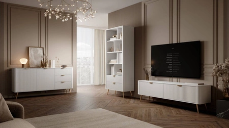 Bücherregal Lante 88 cm weiß elegantes Bücherregal mit Schubladen Designer Riffelung auf Fronten Metallkantengriffe