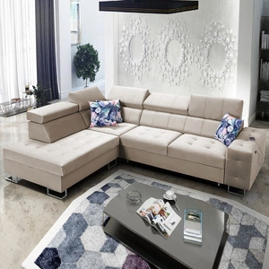 Ecksofa mit Schlaffunktion Hampton VII beige linkes Ecksofa für Zimmer aus Samtstoff mit glatter Oberfläche