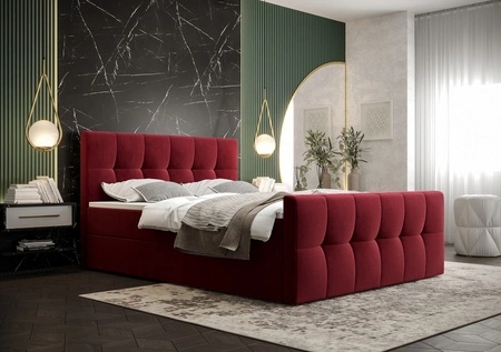 Boxspringbett Manhattan 160x200 burgunderrotes Bett im modernen skandinavischen Stil mit gepolstertem Kopf- und Fußteil