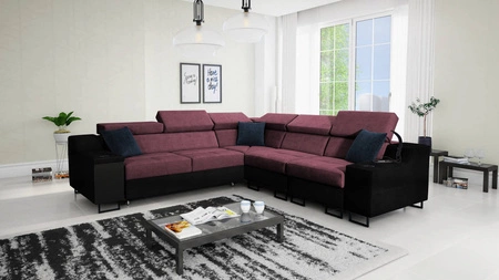 Ecksofa mit Schlaffunktion Alcamo III burgunderrot/schwarz rechts funktionelles Ecksofa mit Schublade in der Seite zwei Behälter für Bettzeug