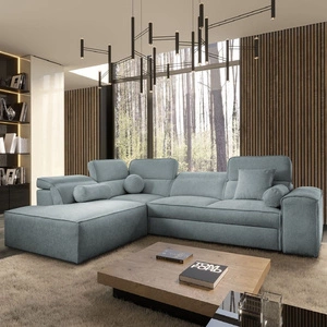 Ecksofa mit Schlaffunktion Viano VII grau blau links modisches und stilvolles Ecksofa mit verstellbaren Kopfstützen Zierkissen