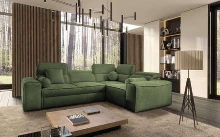 Ecksofa mit Schlaffunktion Viano II grünes rechtsseitig Designer aufklappbares Ecksofa, das sich perfekt in moderne Einrichtungen einfügt