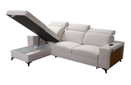 Ecksofa mit Schlaffunktion Kelly arctic blue linke Seite geflochten Komfort und Funktionalität Eckseite mit Latten abgeschlossen