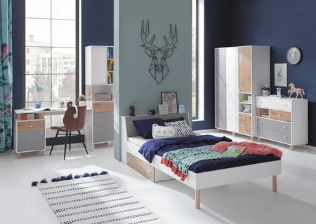 Kommode mit Schubladen Beja 90 cm weiß / Eiche artisan / grau ideal für das Jugendzimmer sehr nützlich und hat ein modernes Design