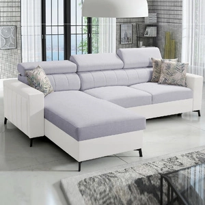 Ecksofa mit Schlaffunktion Savona grau Esche / weiß links elegantes Ecksofa verstellbare Kopfstützen Ziernähte