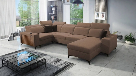 Ecksofa mit Schlaffunktion Kelly IV hellbraun rechtsseitig geflochten bequemes Ecksofa verstellbare Kopfstützen seitlich mit Lamellen eingefasst