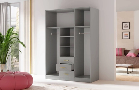 Kleiderschrank Adel 150 cm grau elegantes Design klassische Form der Garderobe mit Spiegel für Schlafzimmer oder Kleiderschrank geräumige Schubladen goldene Griffe