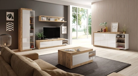 Hochkommode Sintra 151 cm Eiche samdal / weiß glänzend originelles Design Kommode für Wohnzimmer mit interessanter Form push to open system