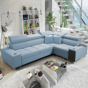 Ecksofa mit Schlaffunktion Dafni II blauer Samt rechtes Ecksofa mit Bettzeugablage Vollauszug