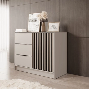 Kommode mit Schubladen Aspen 105 cm Beige / Schwarze Lamellen modernes Design Schranktüren der Kommode mit dekorativen Lamellen