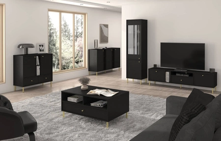 RTV-Schrank Kioto II 180 cm schwarz graphit eleganter TV-Schrank mit geraden Metallbeinen und goldenen Griffen