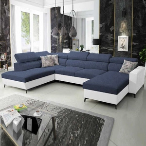 Ecksofa mit Schlaffunktion Savona VI marineblau/weiß rechts bequemes Ecksofa für Wohnzimmer mit zwei Bettkästen