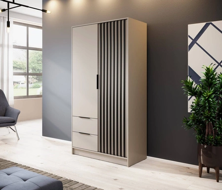 Kleiderschrank Aspen 105 cm Beige / schwarze Lamellen modernes Möbeldesign Schranktür mit Lamellen verziert