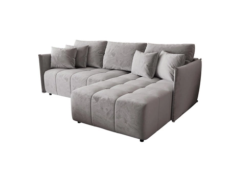 Ecksofa mit Schlaffunktion Oroso hellgrau rechte Seite weicher Samtstoff mit hydrophober Beschichtung Bettzeugbehälter