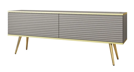 TV-Schrank Luxury 135 cm grau elegantes Design stilvolle geriffelte Front Korpus mit goldenen Zierleisten goldenen Metallbeinen gekrönt