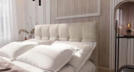 Boxspringbett Harmony 180x200 beige Bett im modernen skandinavischen Stil mit einem Kopfteil mit Zierknöpfen
