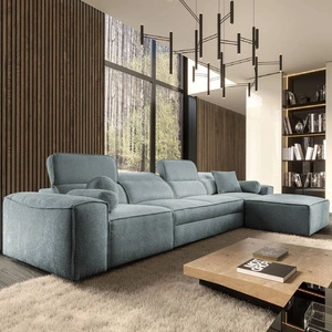 Ecksofa mit Schlaffunktion Viano XII grau blau rechtes Ecksofa mit interessanter Form verstellbare Kopfstützen Zierkissen
