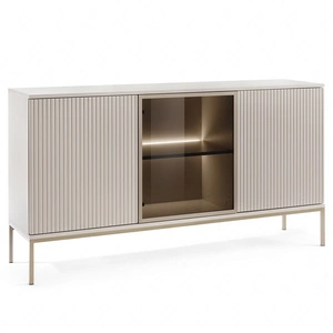 Kommode Amma 154 cm beige unkonventionelles Design verglaste Kommodenfront für Wohnzimmer mit Push-to-Open-System Zierleisten