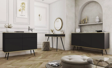 Luxuriöse schwarze Konsole mit Schubladen stilvolle und elegante Schminktisch auf hohen Metallbeinen Körper mit goldenen trim gekrönt unterstützt