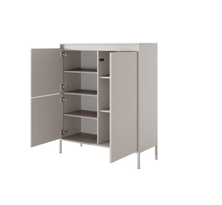 Sesti Möbel Set beige modernes und originelles Design Schrankwand interessante Kombination von Riffelung mit glatten Push-to-Open-Fronten