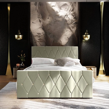 Polsterbett Tifton 160x200 beige mit Stauraum im modernen Stil mit markantem Kopf- und Fußteil mit Kristallen veredelt