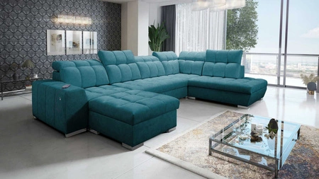 Ecksofa mit Schlaffunktion Luigi VI türkis links stilvolles Ecksofa mit Bettzeugcontainer mit weichem Stoff bezogen