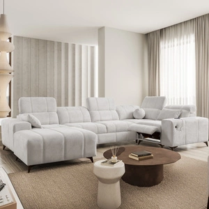 Penejos IV Lux Ecksofa mit Schlaffunktion graue Esche links stilvolles Ecksofa mit bequemer ausziehbarer Fußstütze