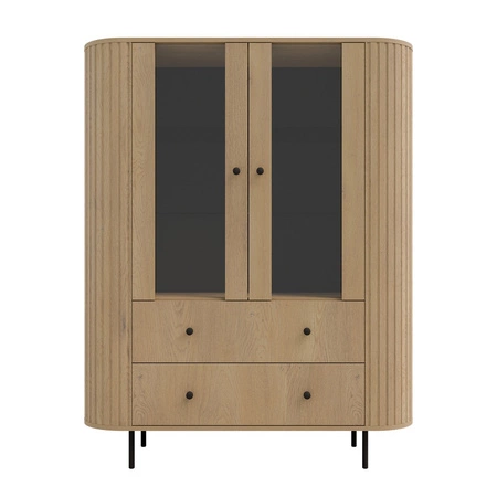 Vitrina Ovalio 123 cm Eiche cremona Designer Vitrine für Wohnzimmer mit ovaler Form und dekorativen Fräsungen geräumige Schubladen