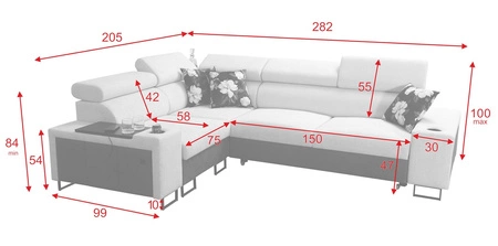 Schlafsofa Flavio II grau Esche / Graphit links komfortable Eckschlafcouch offene Bar in der Seite der Möbel