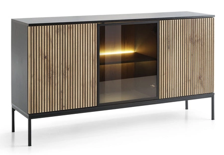 Kommode Amma 154 cm schwarz / Eiche wotan unkonventionelles Design verglaste Front mit Push-to-Open-System Deko-Latten